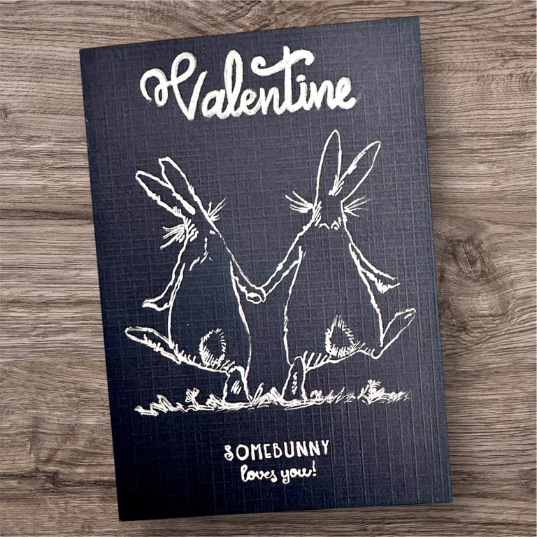Valentines card, black and silver, for him or her, rabbits, some bunny loves you