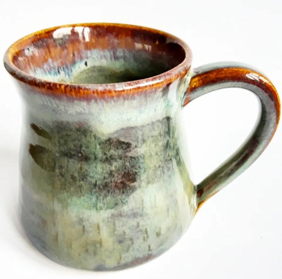 Mug Green Brown Glazed  - Hand Thrown Stoneware Ceramic Mug 