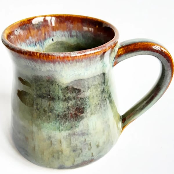 Mug Green Brown Glazed  - Hand Thrown Stoneware Ceramic Mug 