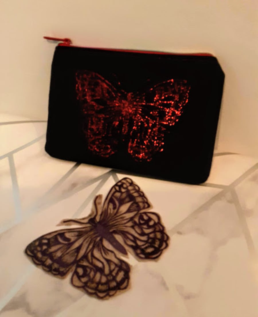 Red Butterfly Design Upcycled Black Denim Clutch