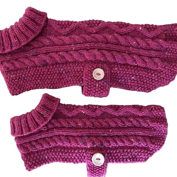 Knitted Dog Coat Jumpers In A Raspberry Pink Aran With Small Flecks Of Different