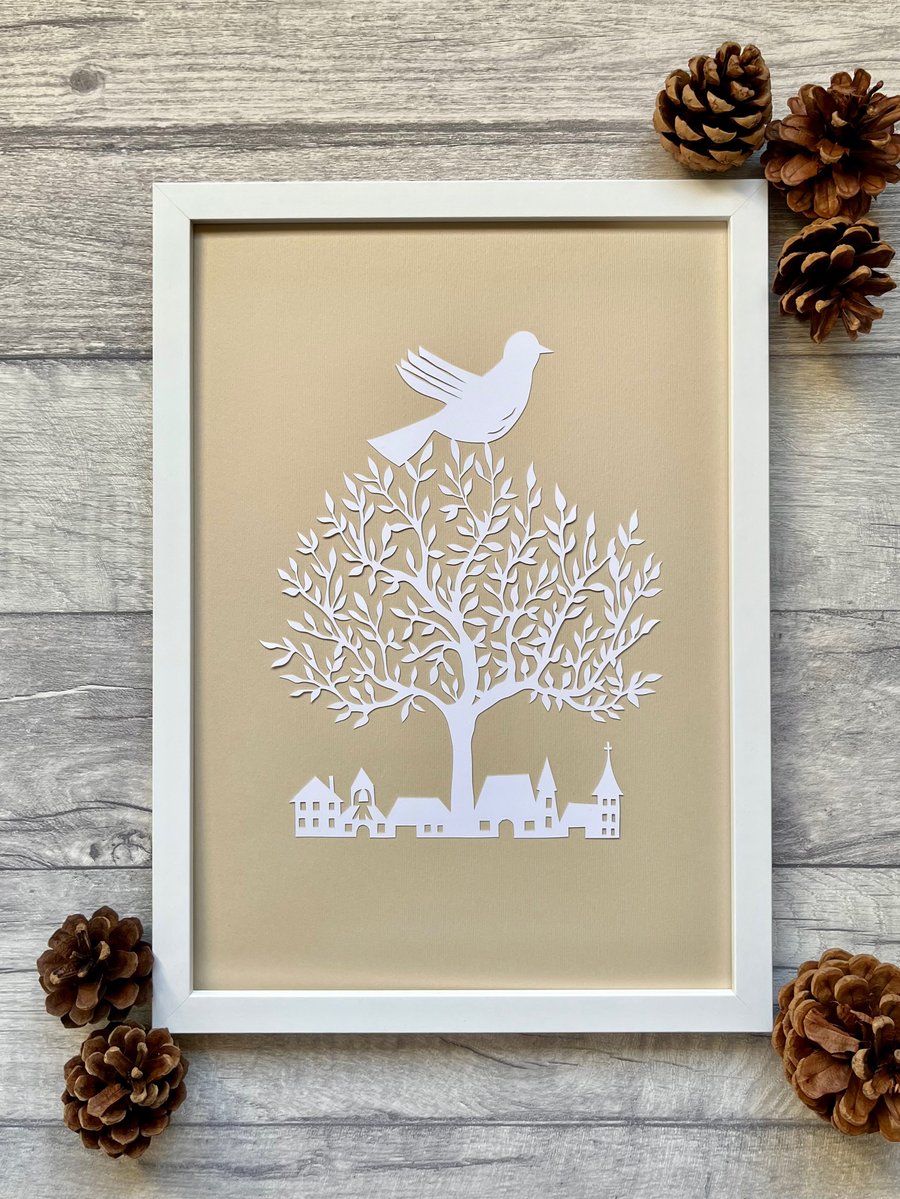 'Winter Village' Framed Original Hand-Cut Paper Cut Art by J. Pearce