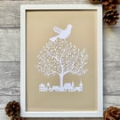 'Winter Village' Framed Original Hand-Cut Paper Cut Art by J. Pearce