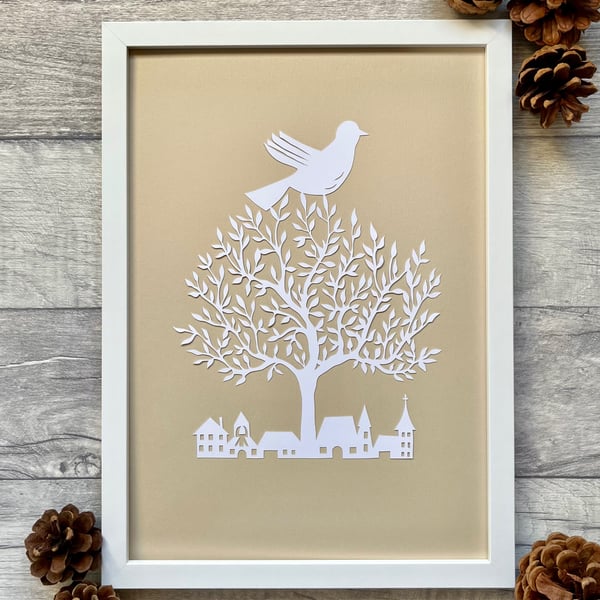 'Winter Village' Framed Original Hand-Cut Paper Cut Art by J. Pearce