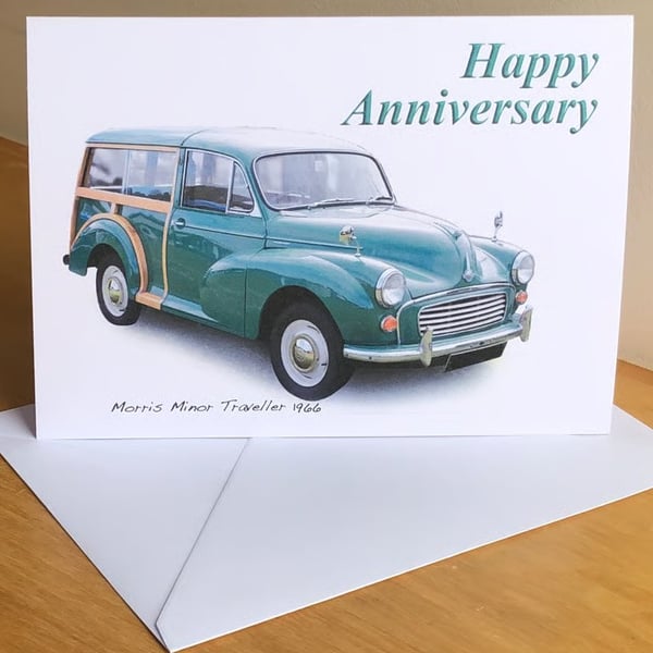 Morris Minor Traveller 1966 (Green) - Greeting Cards for the British Moggie fan