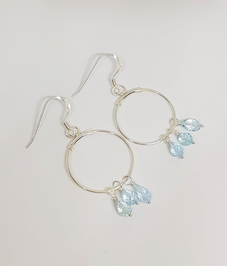 Sky Blue Topaz Faceted Teardrop Trio Hand Beaded Sterling Silver Earrings
