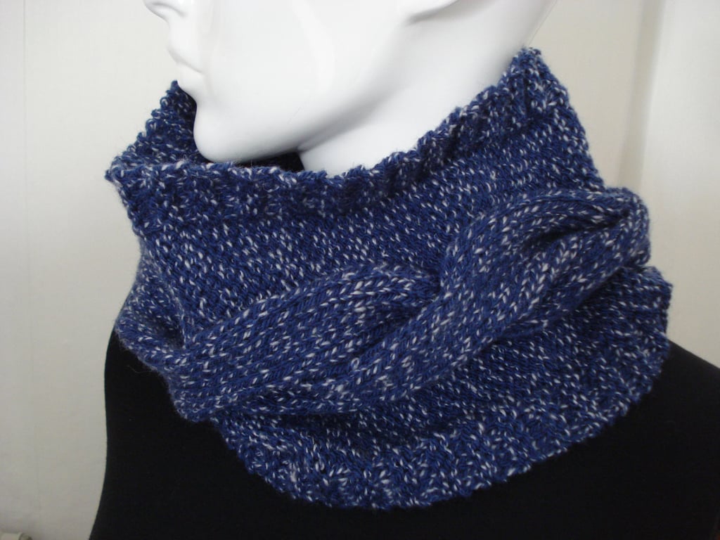 Hand Knitted Chunky Cable Hyacinth Blue and White Cowl (R385)