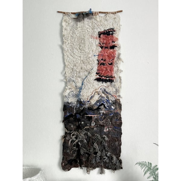Art felt natural wool sensory wall hanging Landscape with a pink blanket