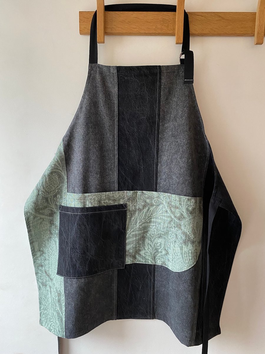 Recycled Black And Grey Denim And Linen Apron 