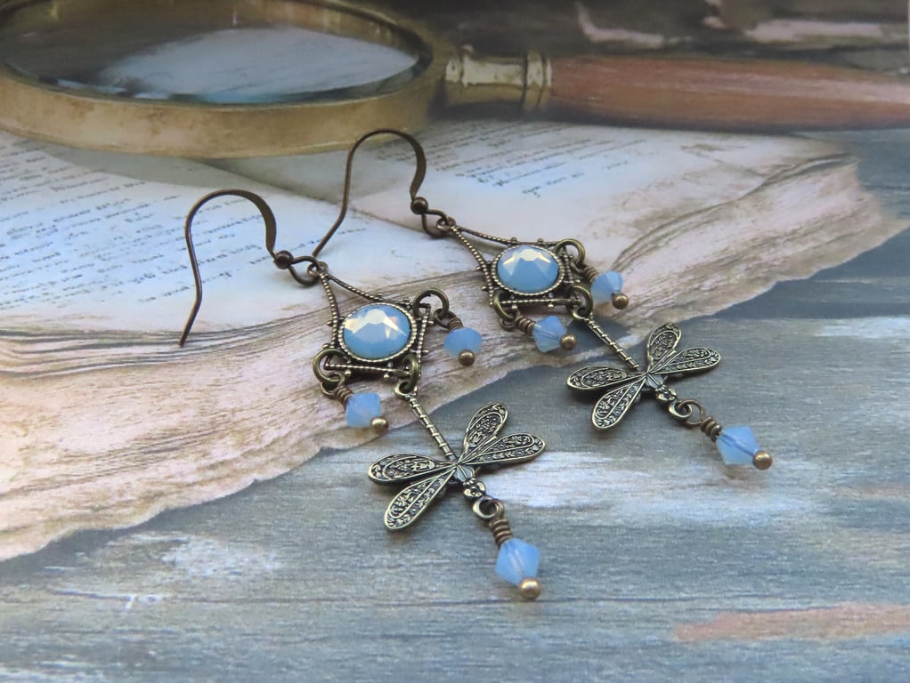 Blue Opal Crystal & Dragonfly Vintage Style Dangle Earrings