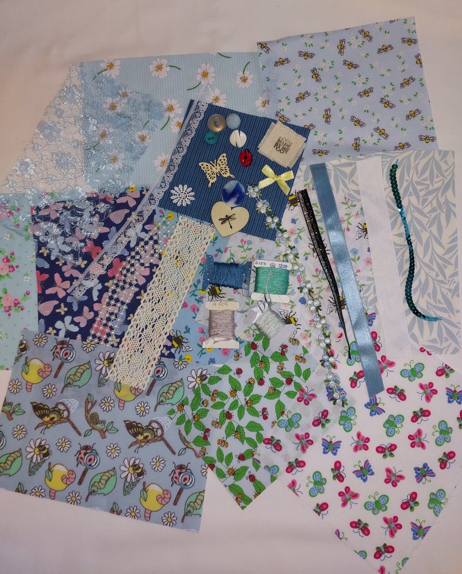 Blue floral and bugs slow stitching kit