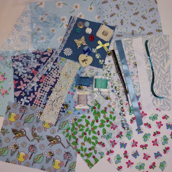 Blue floral and bugs slow stitching kit
