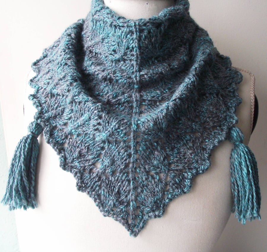 Lacy Shawl, Handspun Knitted, Grey Turquoise- Merino Wool, Silk