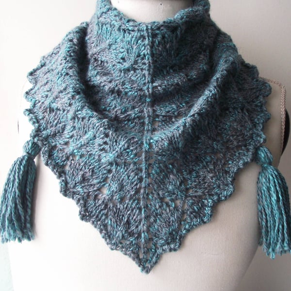 Lacy Shawl, Handspun Knitted, Grey Turquoise- Merino Wool, Silk