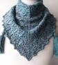 Lacy Shawl, Handspun Knitted, Grey Turquoise- Merino Wool, Silk
