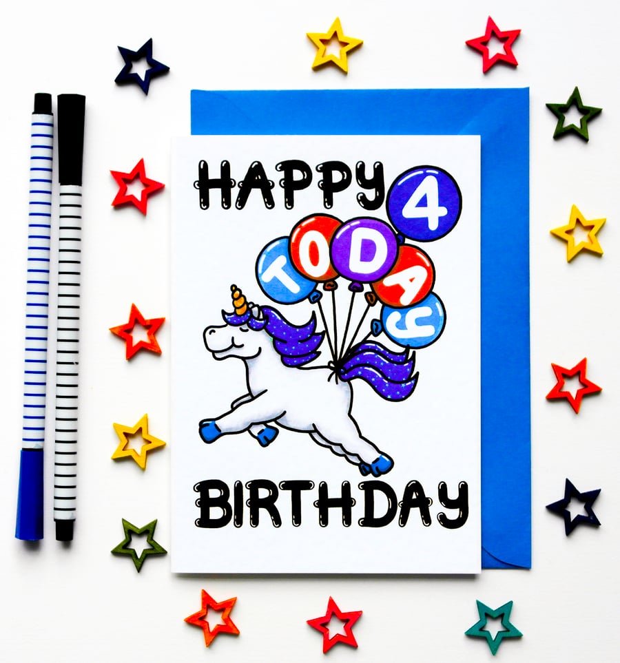  Unicorn 4th Children's Birthday Card For Granddaughter, Niece, Boy, Girl