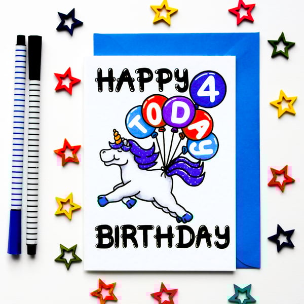  Unicorn 4th Children's Birthday Card For Granddaughter, Niece, Boy, Girl