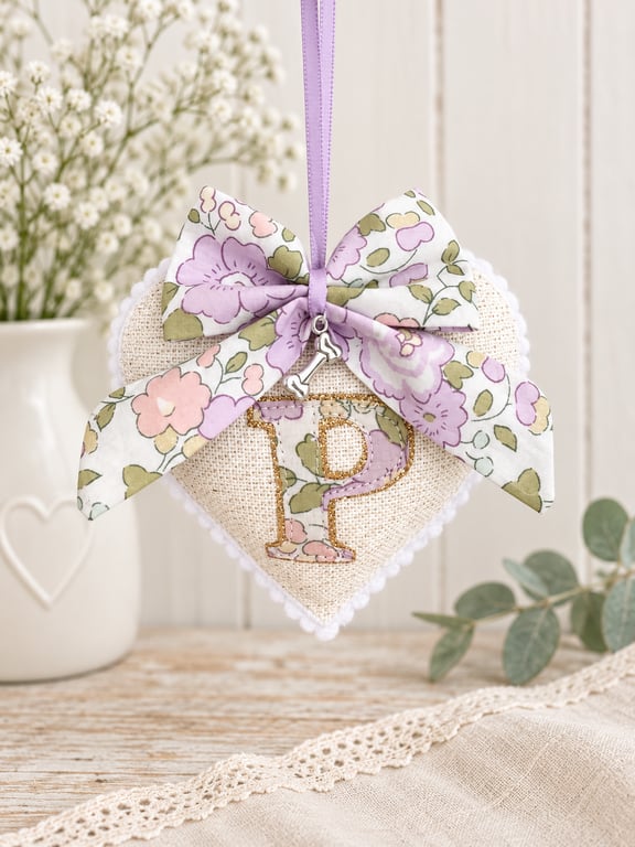 Handmade Floral Liberty bow Hanging Heart in Gold tones.