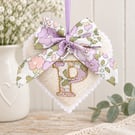 Handmade Floral Liberty bow Hanging Heart in Gold tones.