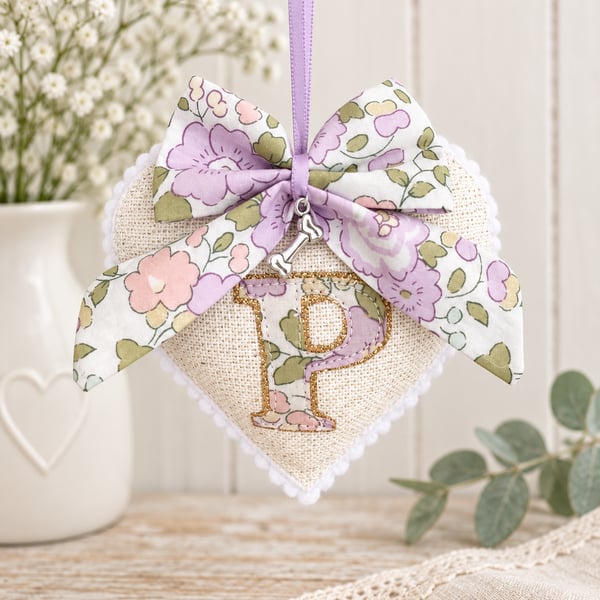 Handmade Floral Liberty bow Hanging Heart in Gold tones.