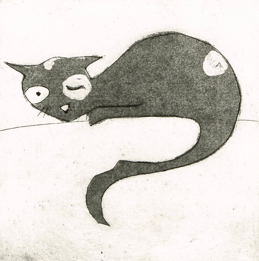 Sleeping cat dry point etching print - hand printed