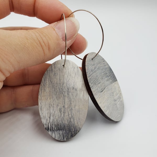 Grey and white hand printed dangle oval shaped earrings 