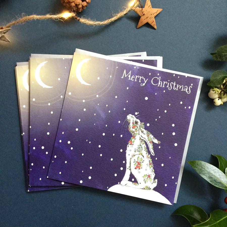 Christmas Rosehip star gazing Hare  card pack x 6