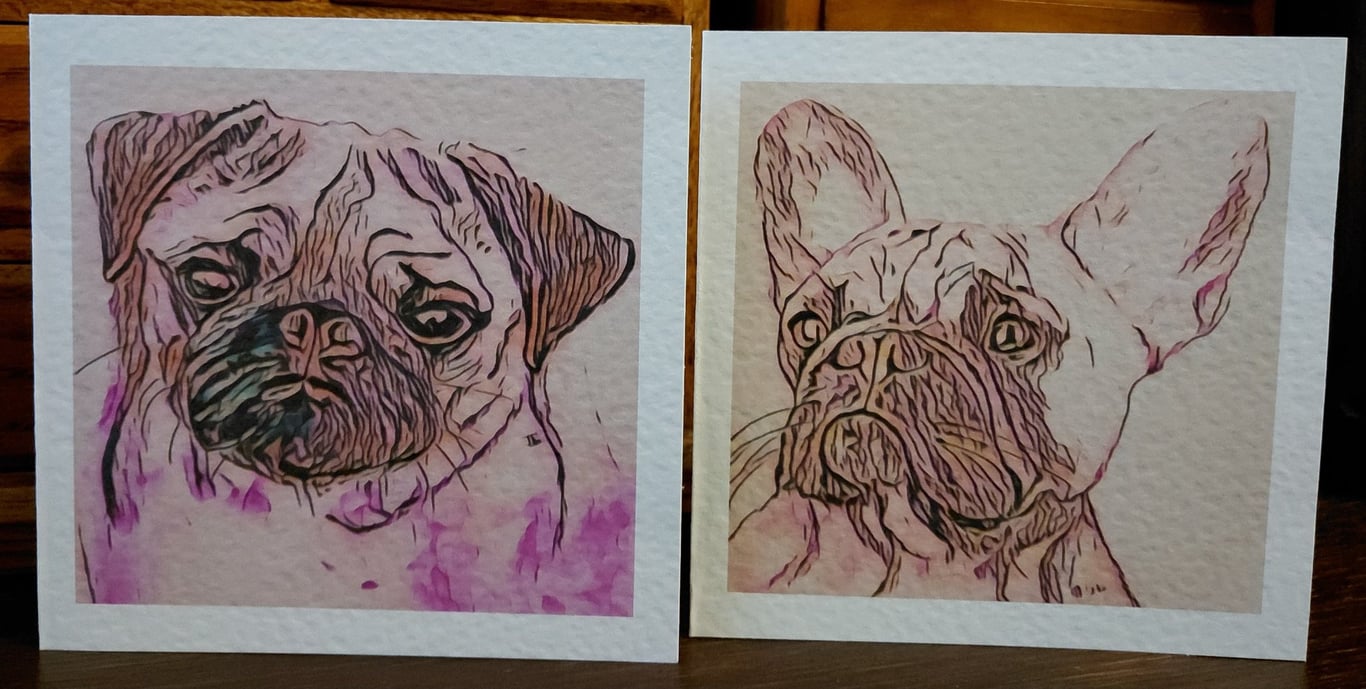 Dog Cards x 4 - Staffordshire Bull Terrier, Greyhound, Pug and French Bulldog