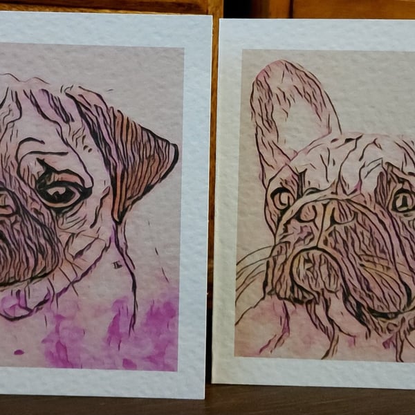Dog Cards x 4 - Staffordshire Bull Terrier, Greyhound, Pug and French Bulldog