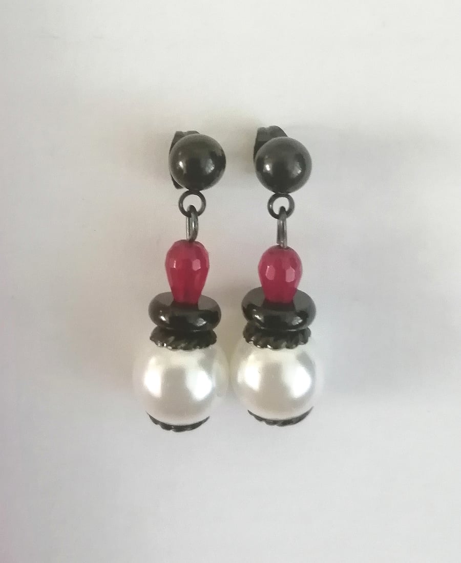 white, red & black earrings, dangle pearl & quartz 