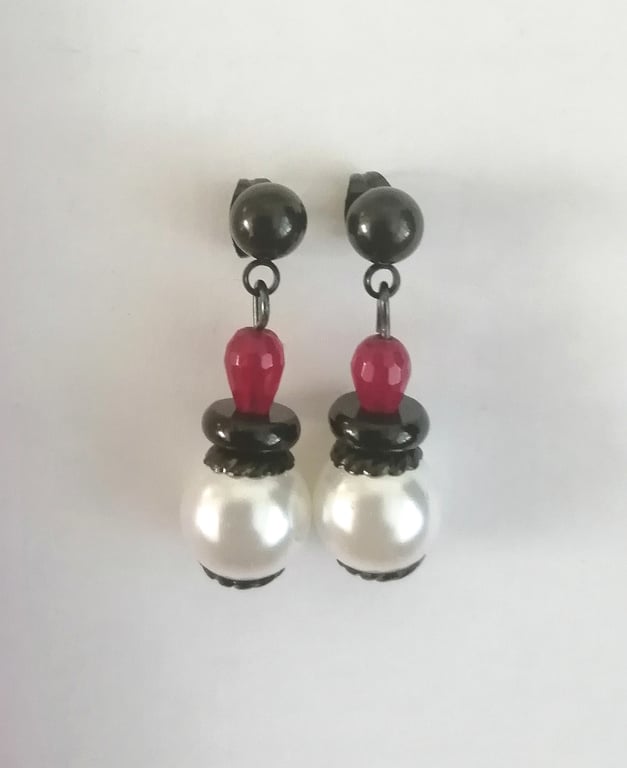 white, red & black earrings, dangle pearl & quartz 