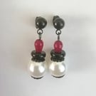 white, red & black earrings, dangle pearl & quartz 