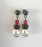 white, red & black earrings, dangle pearl & quartz  - Image 1