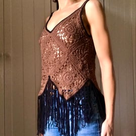 Summer Top. Crochet. Handmade. Brown and Back. Small size.