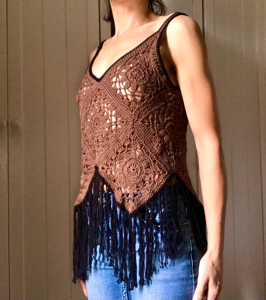 Summer Top. Crochet. Handmade. Brown and Black. Small size.