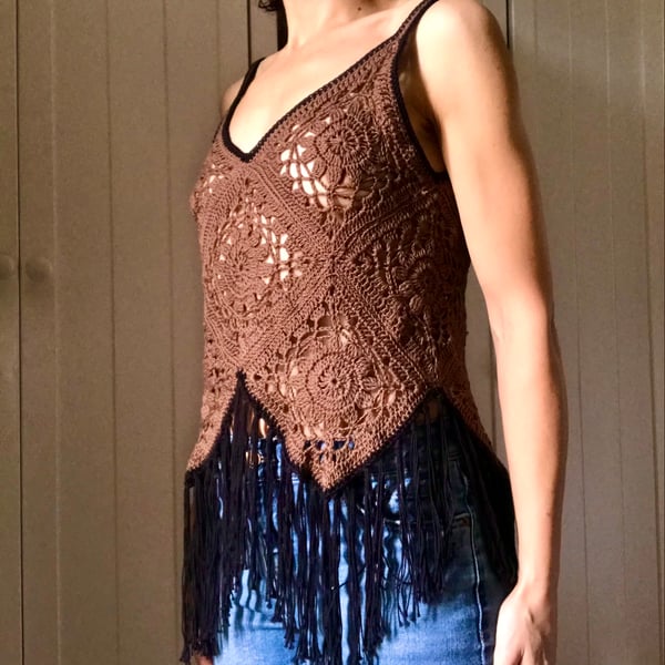 Summer Top. Crochet. Handmade. Brown and Black. Small size.