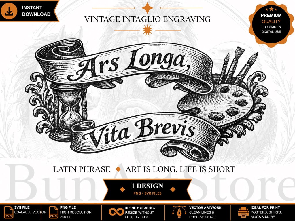 Vintage Intaglio Engraving SVG PNG, Latin Quote Art, Antique Line Art (Digital D