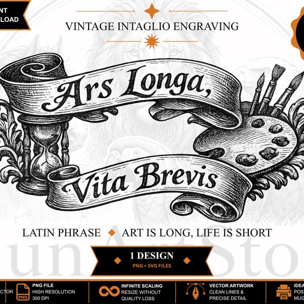 Vintage Intaglio Engraving SVG PNG, Latin Quote Art, Antique Line Art (Digital D