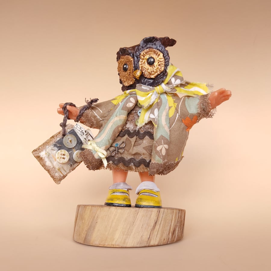 "Miss Owl is Late!" - Unique Anthropomorphic Owl Art Doll Ornament - Figurine.  
