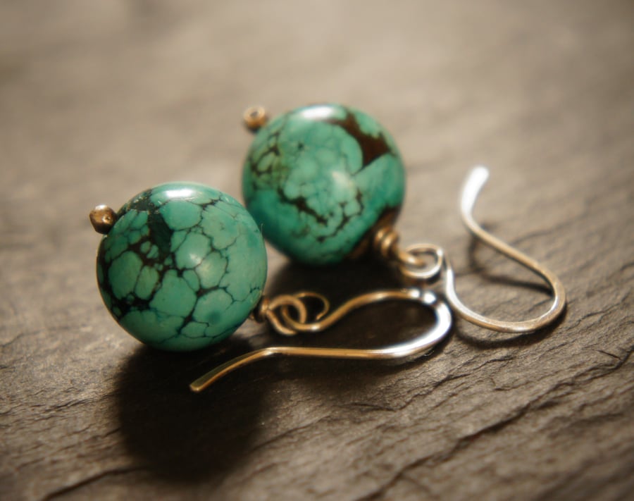 Tibetan Turquoise Bead and Sterling Silver Earrings