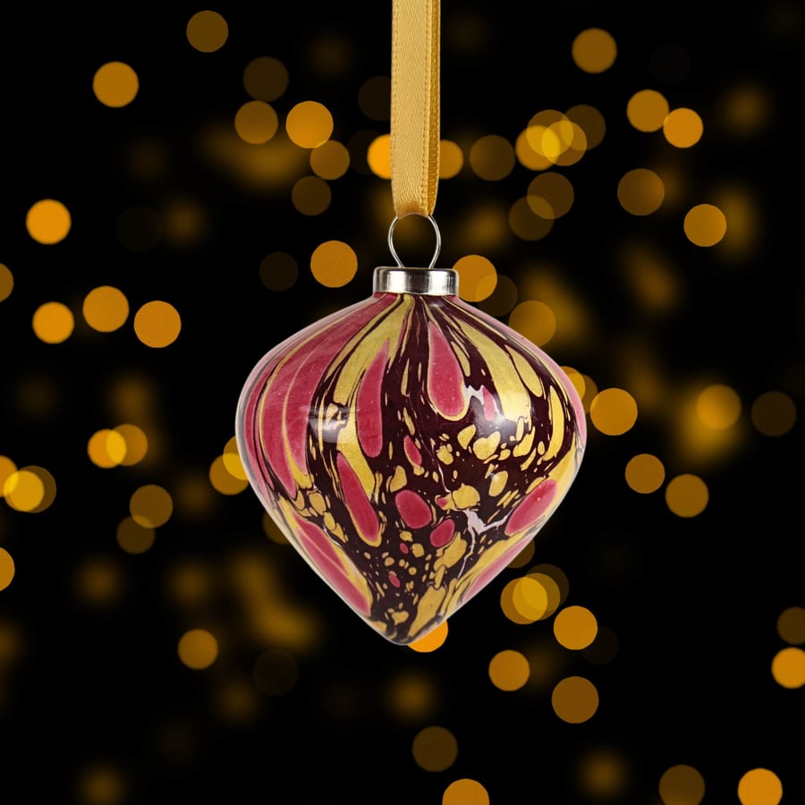 Ceramic Christmas bauble red and gold drop shape hand marbled