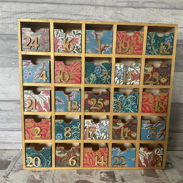Wooden reusable advent calendar. William Morris designs.