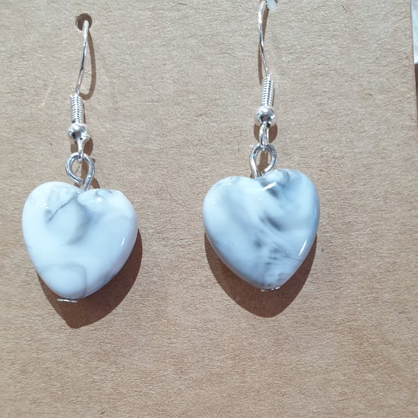 White & Grey Marble Effect Acrylic Heart Earrings on 925 Silver-Plated Ear Wires
