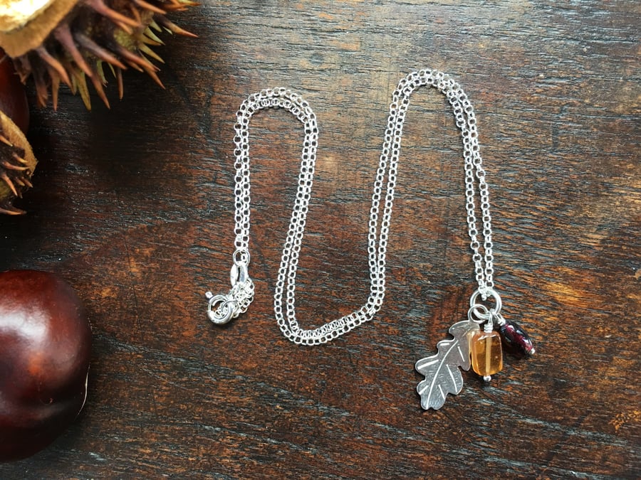 Sterling silver leaf & garnet necklace