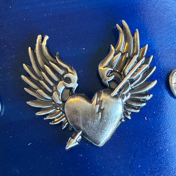 Blue Leather HairStick Barrette w Flying Broken Heart w White Gems - FREE SHIP
