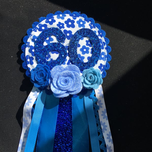 Birthday badge-Rosette - Pretty BLue - 60th Birthday design - floral