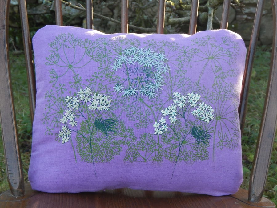 RESERVED Lilac - Screen printed wild flower cushion 