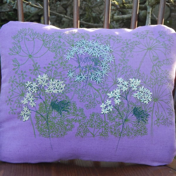 RESERVED Lilac - Screen printed wild flower cushion 