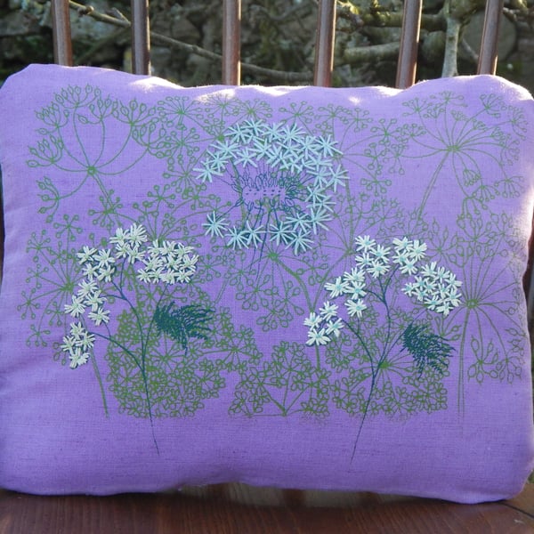 RESERVED Lilac - Screen printed wild flower cushion 