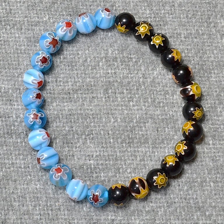 Pale Blue and Black-Amber Millefiori Bead Elastic Half and Half Bracelet